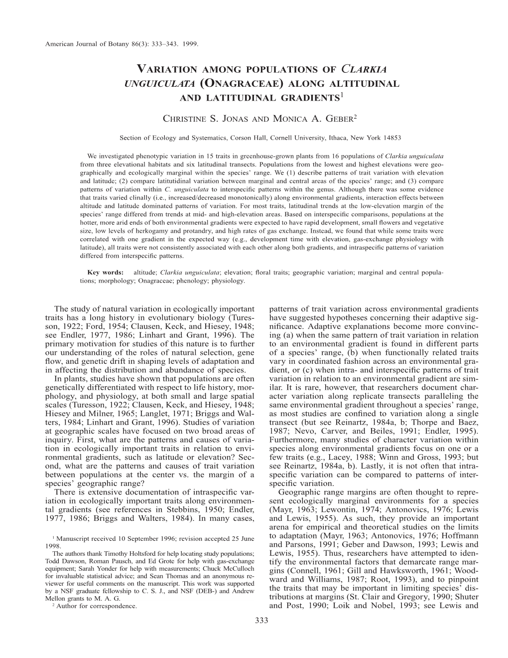 Variation Among Populations of Clarkia Unguiculata (Onagraceae) Along Altitudinal and Latitudinal Gradients1