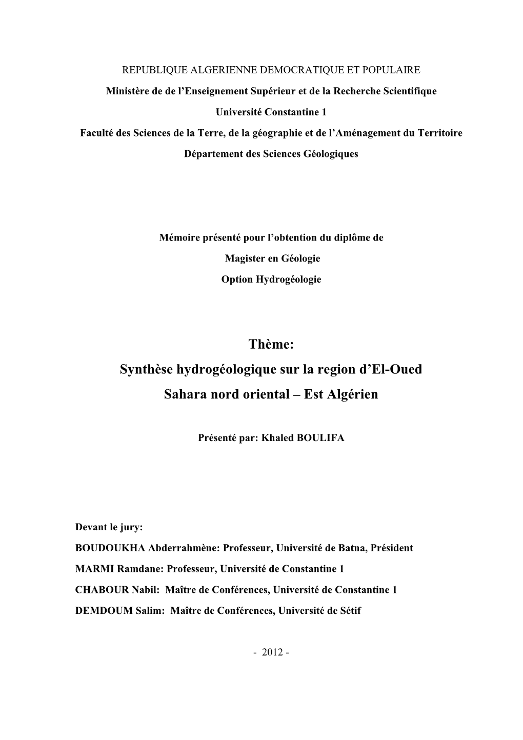 Synthèse Hydrogéologique Sur La Region D'el-Oued Sahara Nord Oriental