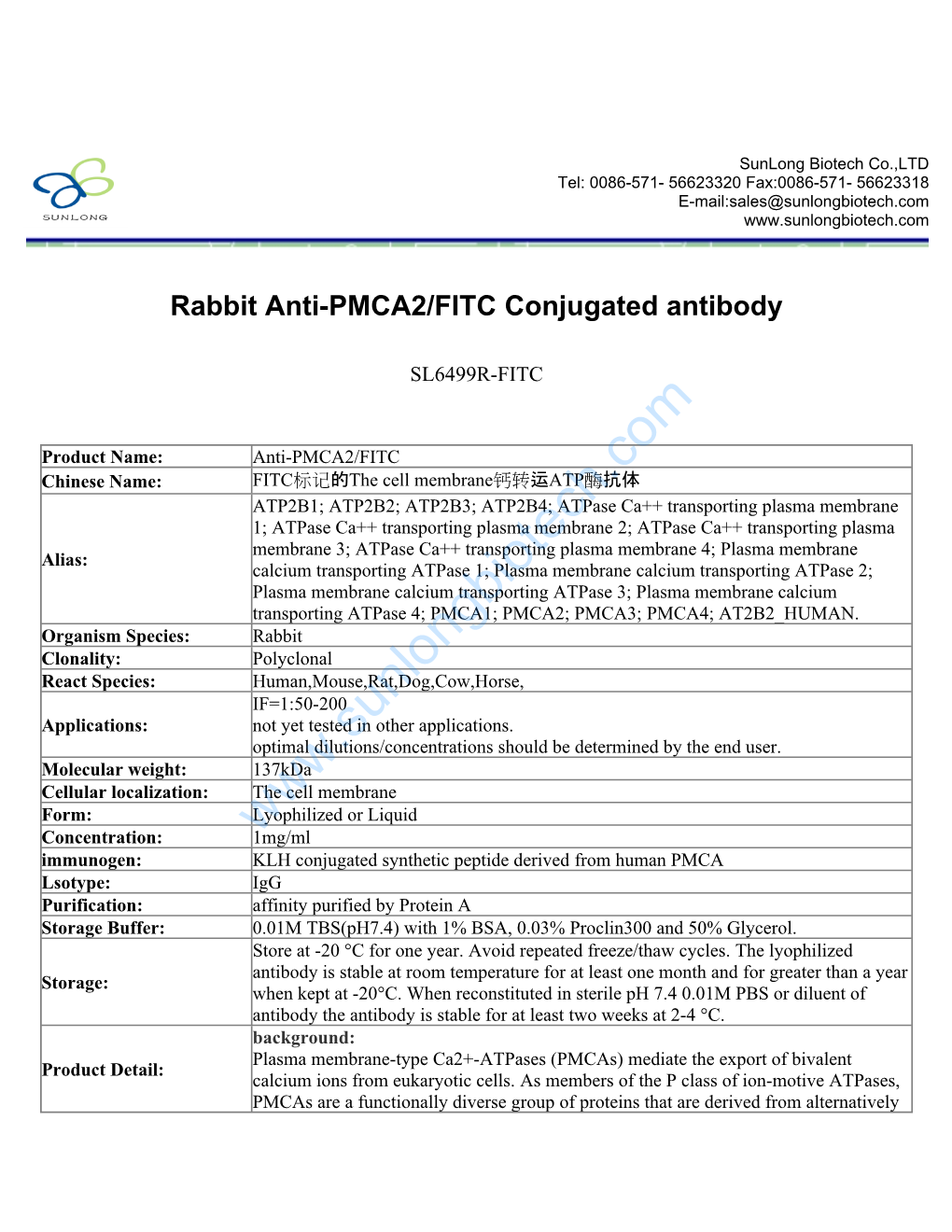 Rabbit Anti-PMCA2/FITC Conjugated Antibody-SL6499R-FITC
