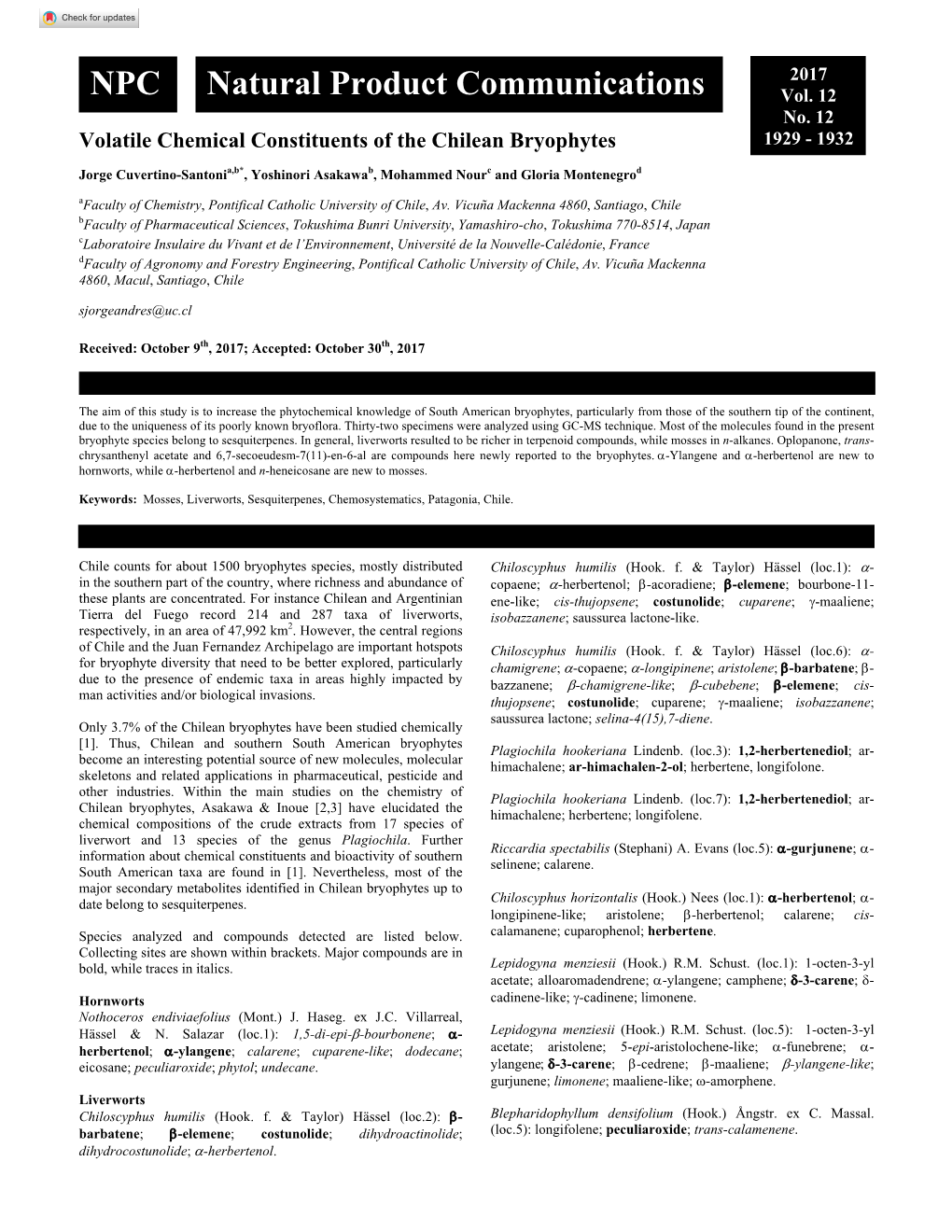 Volatile Chemical Constituents of the Chilean Bryophytes 1929 - 1932