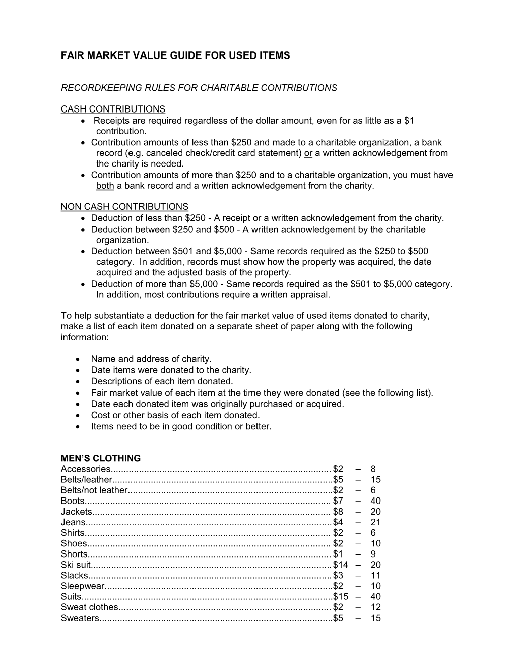 Fair Market Value Guide for Used Items