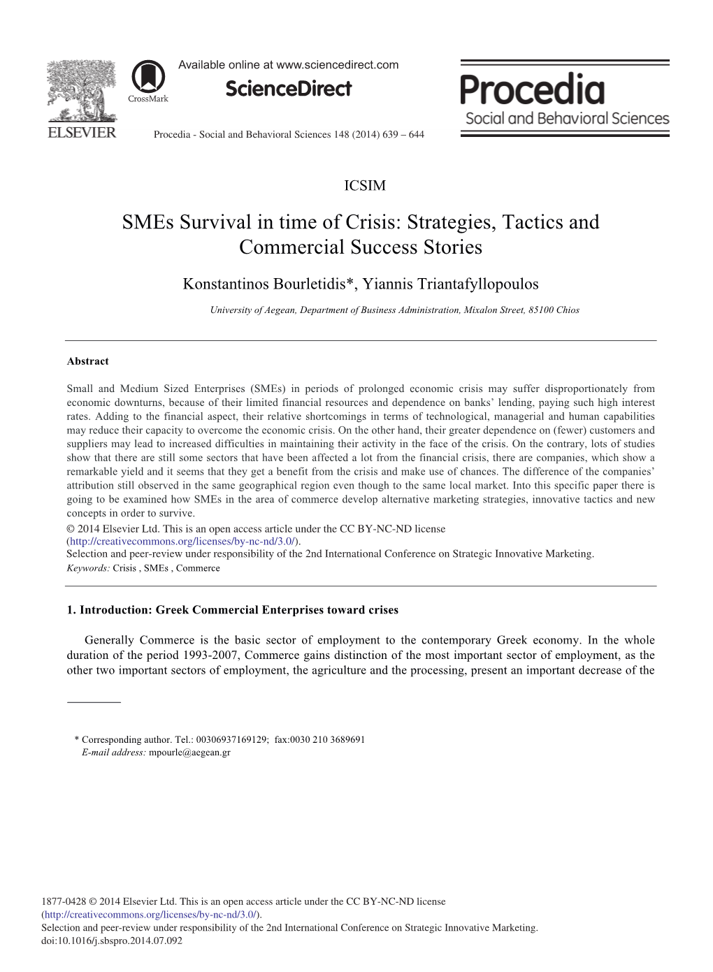 Smes Survival in Time of Crisis: Strategies, Tactics and Commercial Success Stories