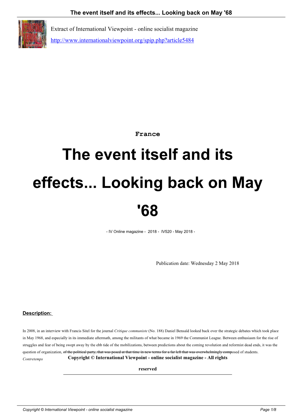 The Event Itself and Its Effects... Looking Back on May '68