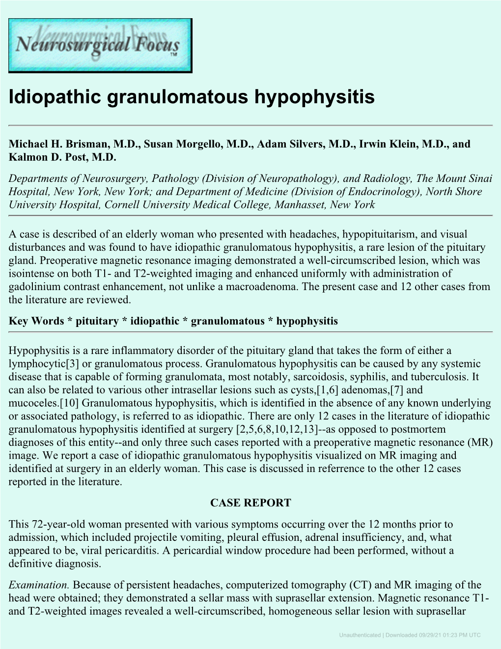 Idiopathic Granulomatous Hypophysitis