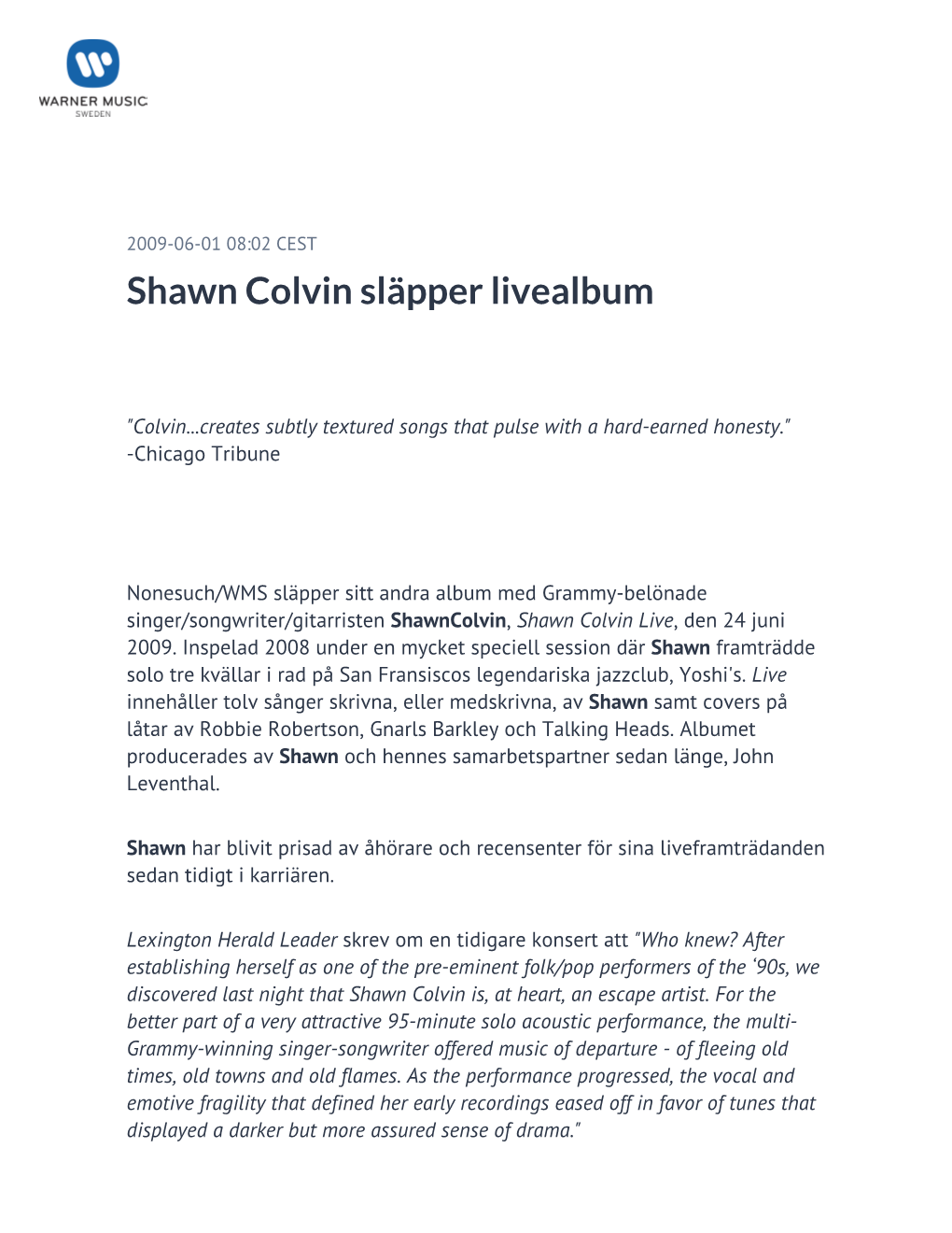 Shawn Colvin Släpper Livealbum