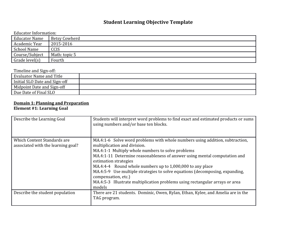 Student Learning Objective Template