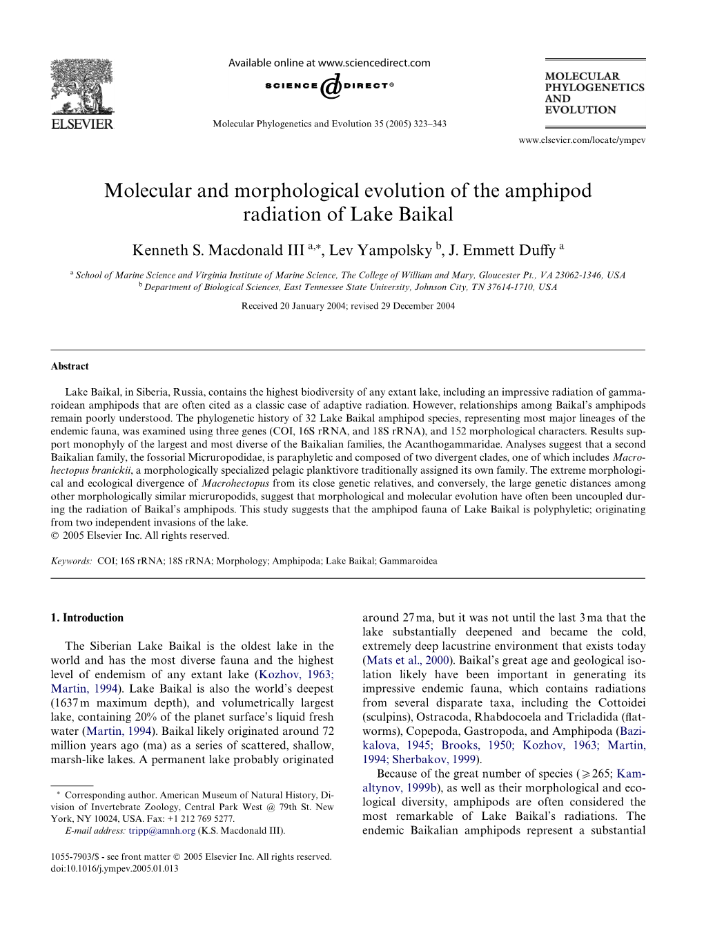 Molecular and Morphological Evolution of the Amphipod Radiation of Lake Baikal