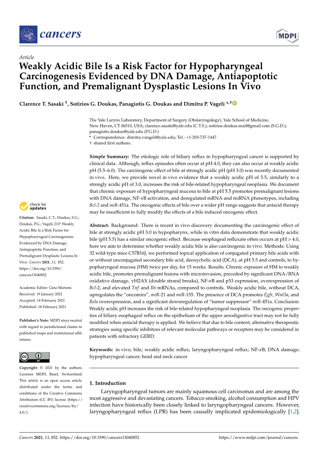 Weakly Acidic Bile Is a Risk Factor for Hypopharyngeal Carcinogenesis Evidenced by DNA Damage, Antiapoptotic Function, and Premalignant Dysplastic Lesions in Vivo