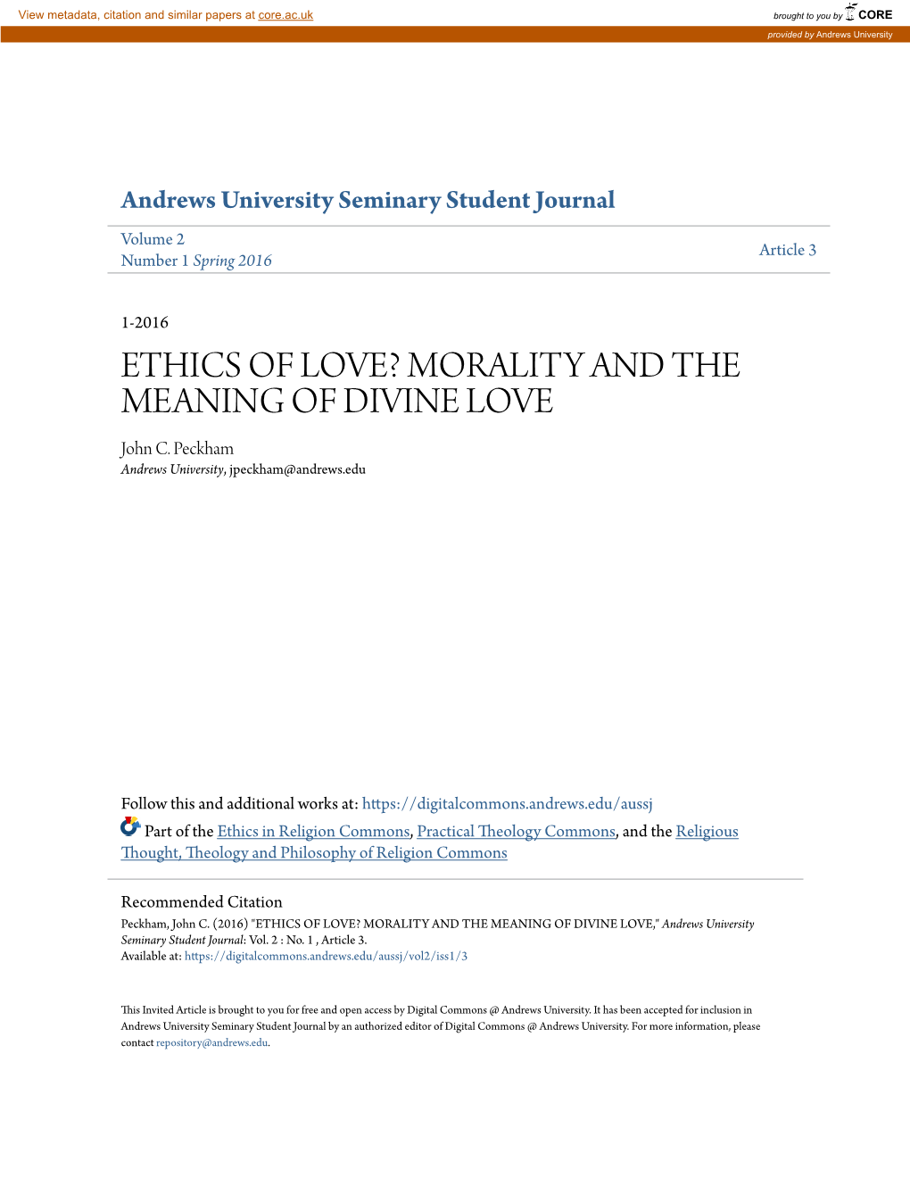 MORALITY and the MEANING of DIVINE LOVE John C