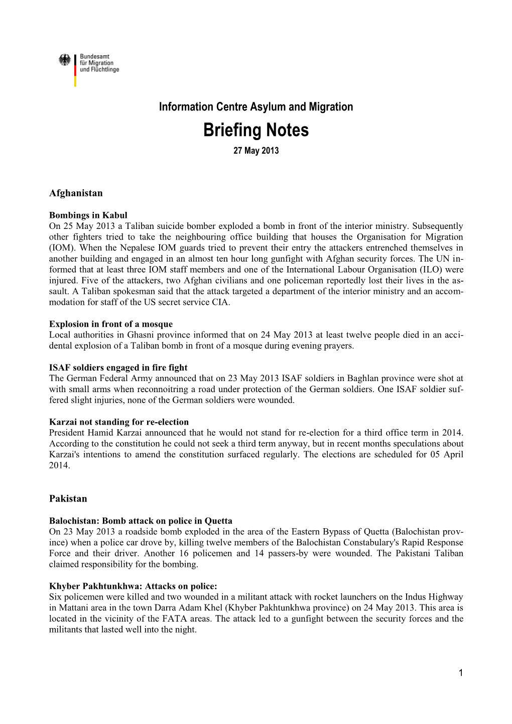 Briefing Notes 27 May 2013