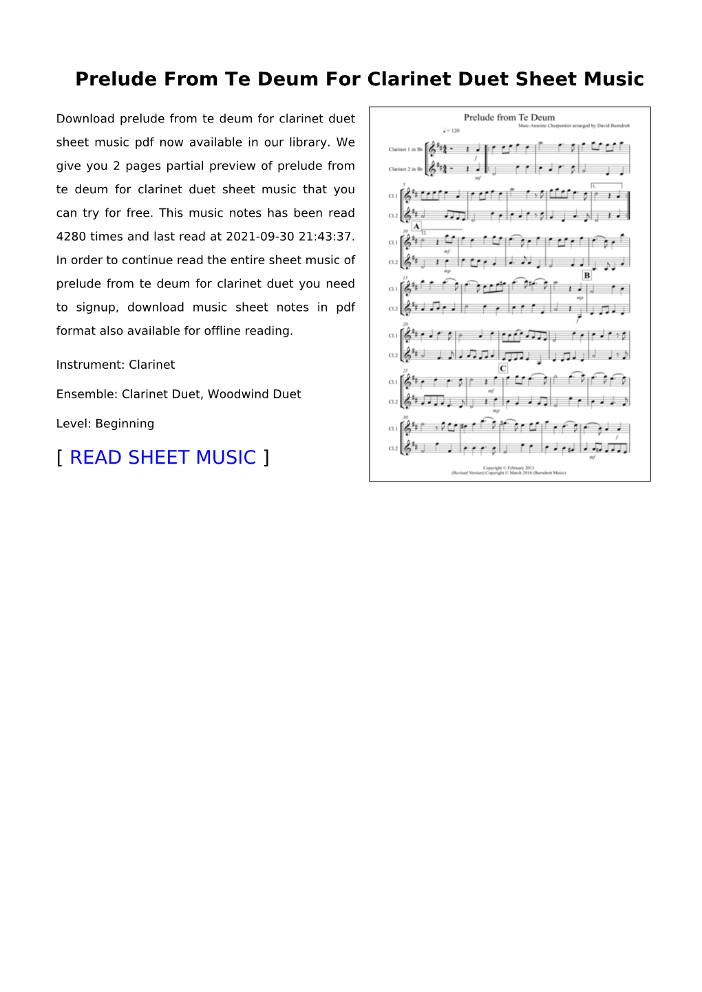 Prelude from Te Deum for Clarinet Duet Sheet Music