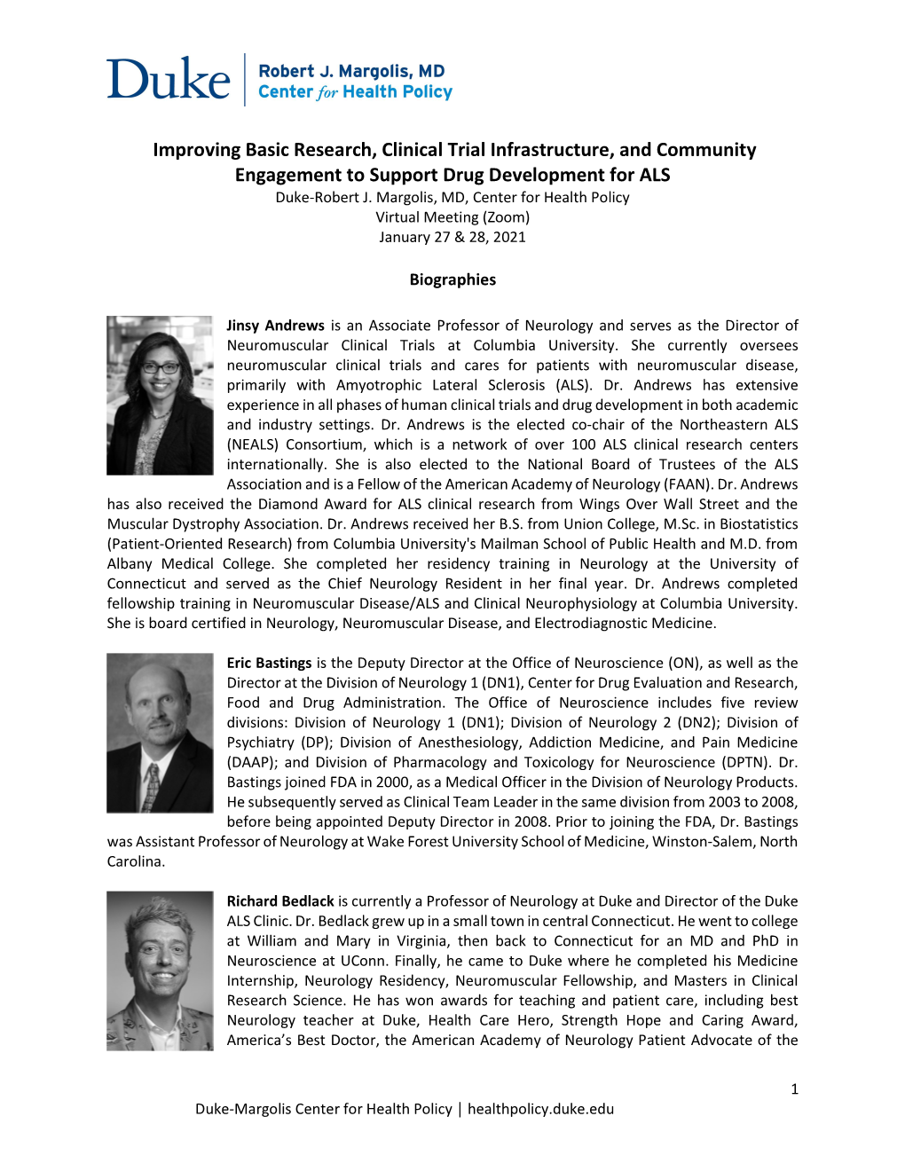 Improving Basic Research, Clinical Trial Infrastructure, and Community Engagement to Support Drug Development for ALS Duke-Robert J