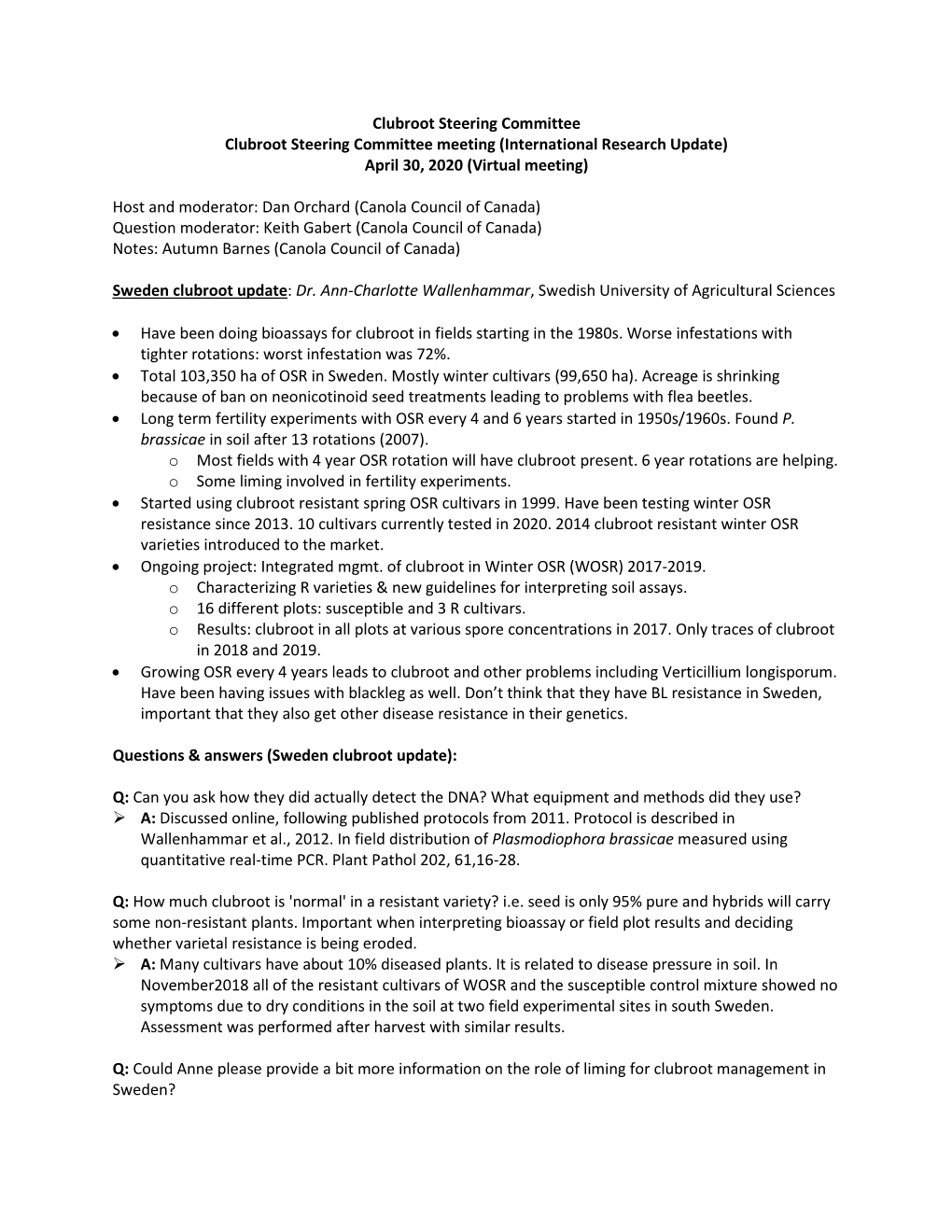 Clubroot Steering Committee Meeting Notes with Q&A