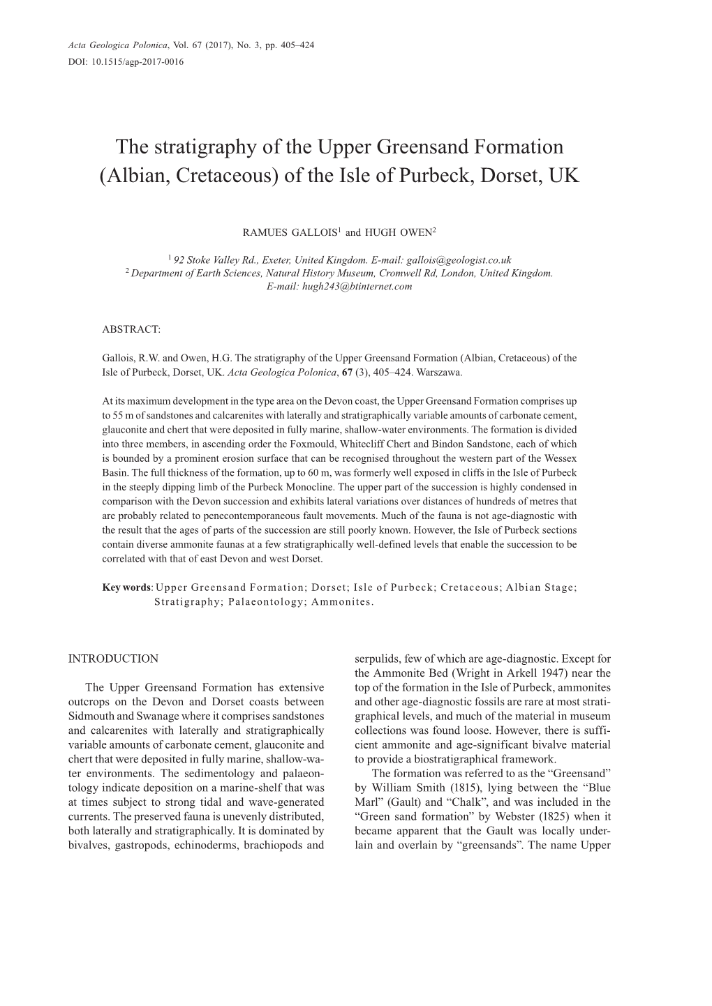 (Albian, Cretaceous) of the Isle of Purbeck, Dorset, UK