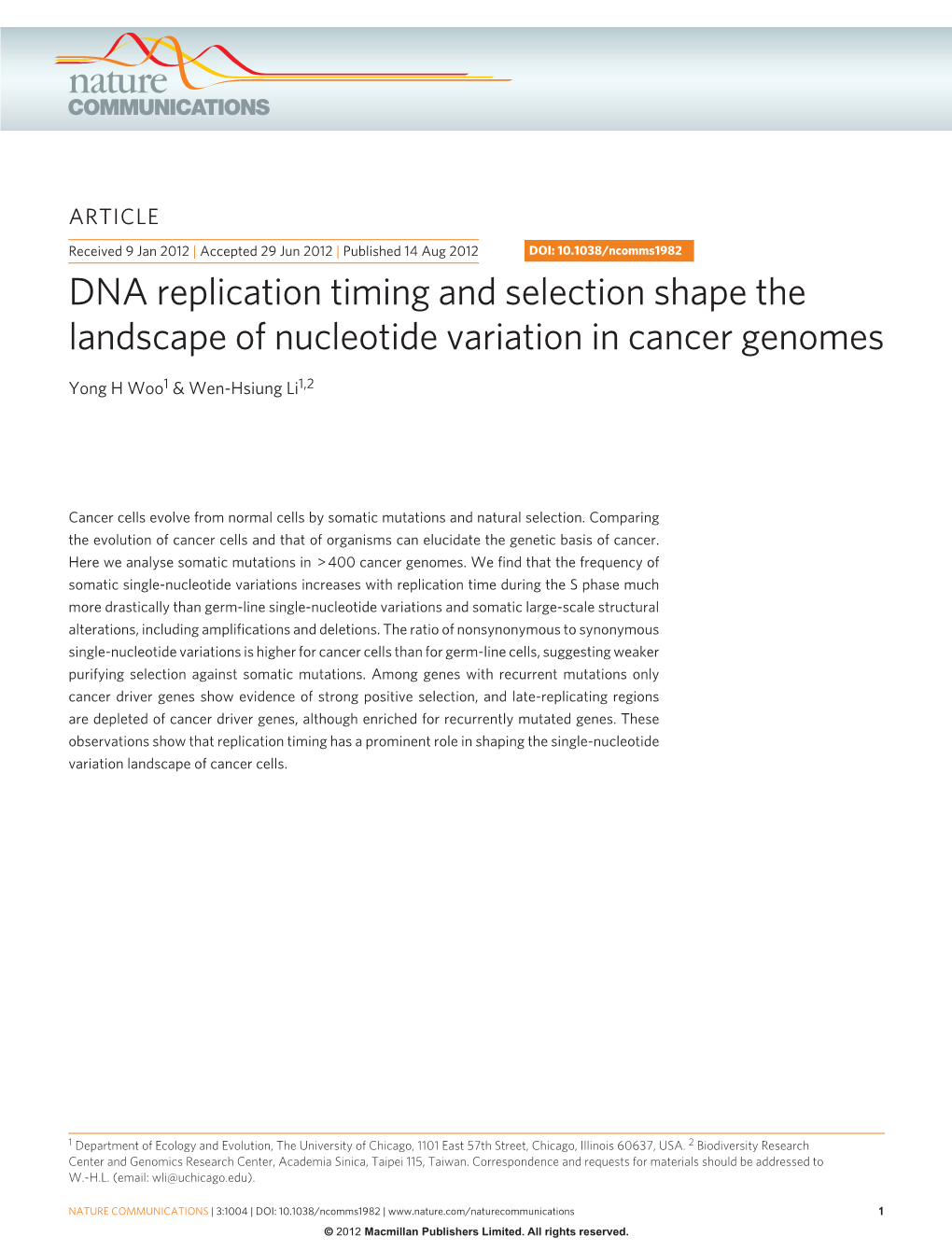 DNA Replication Timing and Selection Shape the Landscape of Nucleotide Variation in Cancer Genomes