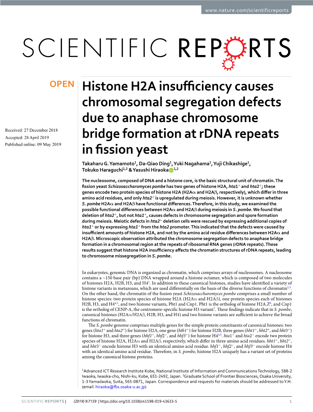 Histone H2A Insufficiency Causes Chromosomal Segregation Defects