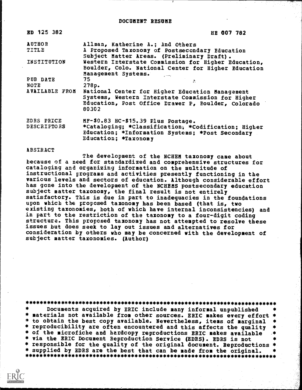 A Proposed Taxonomy of Postsecondary Education Subject Matter Areas