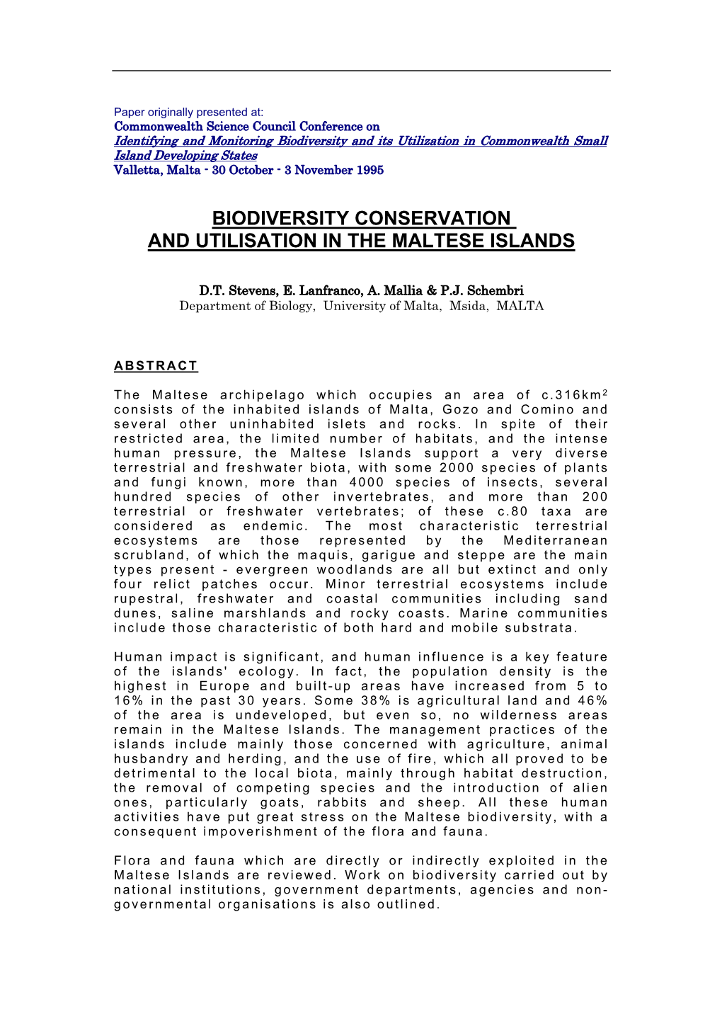 Biodiversity Conservation & Utilisation in the Maltese Islands (1995)