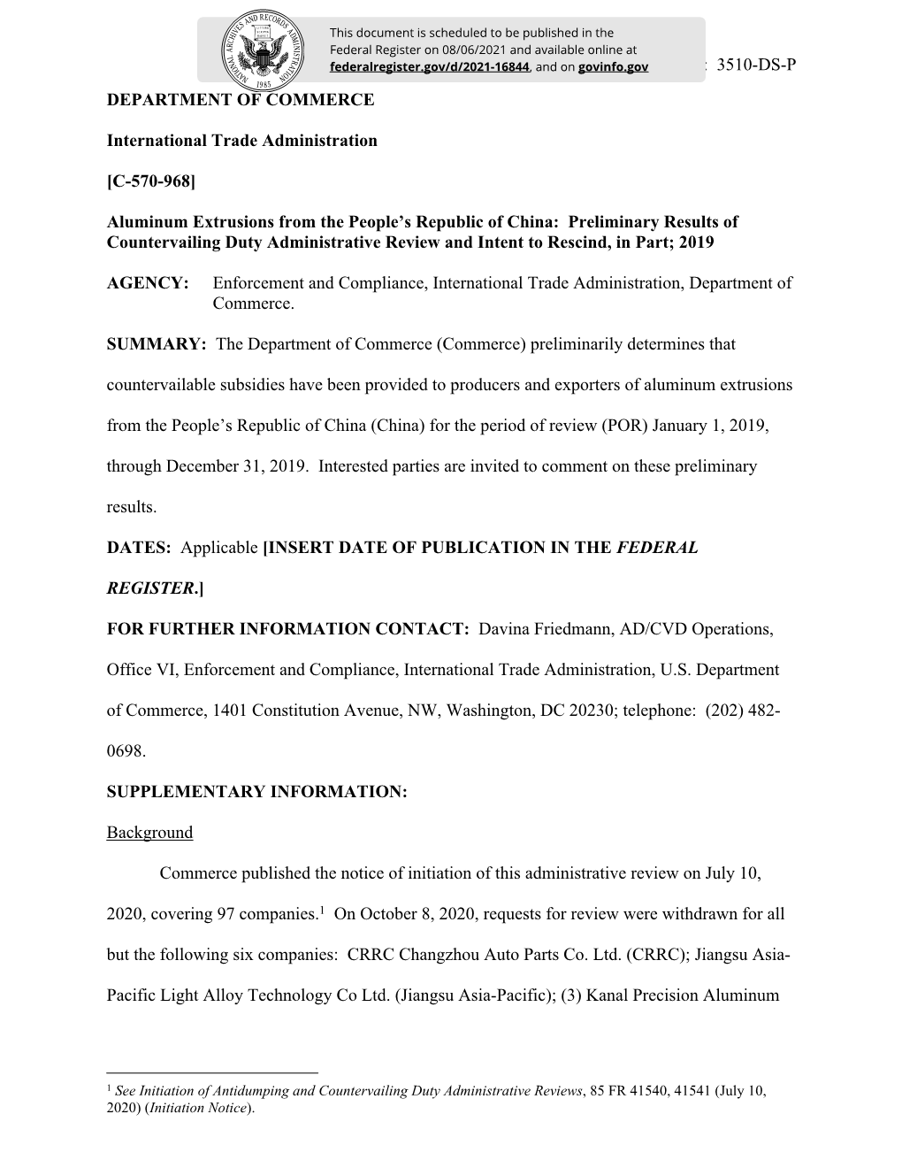 Aluminum Extrusions from the People’S Republic of China: Preliminary Results of Countervailing Duty Administrative Review and Intent to Rescind, in Part; 2019