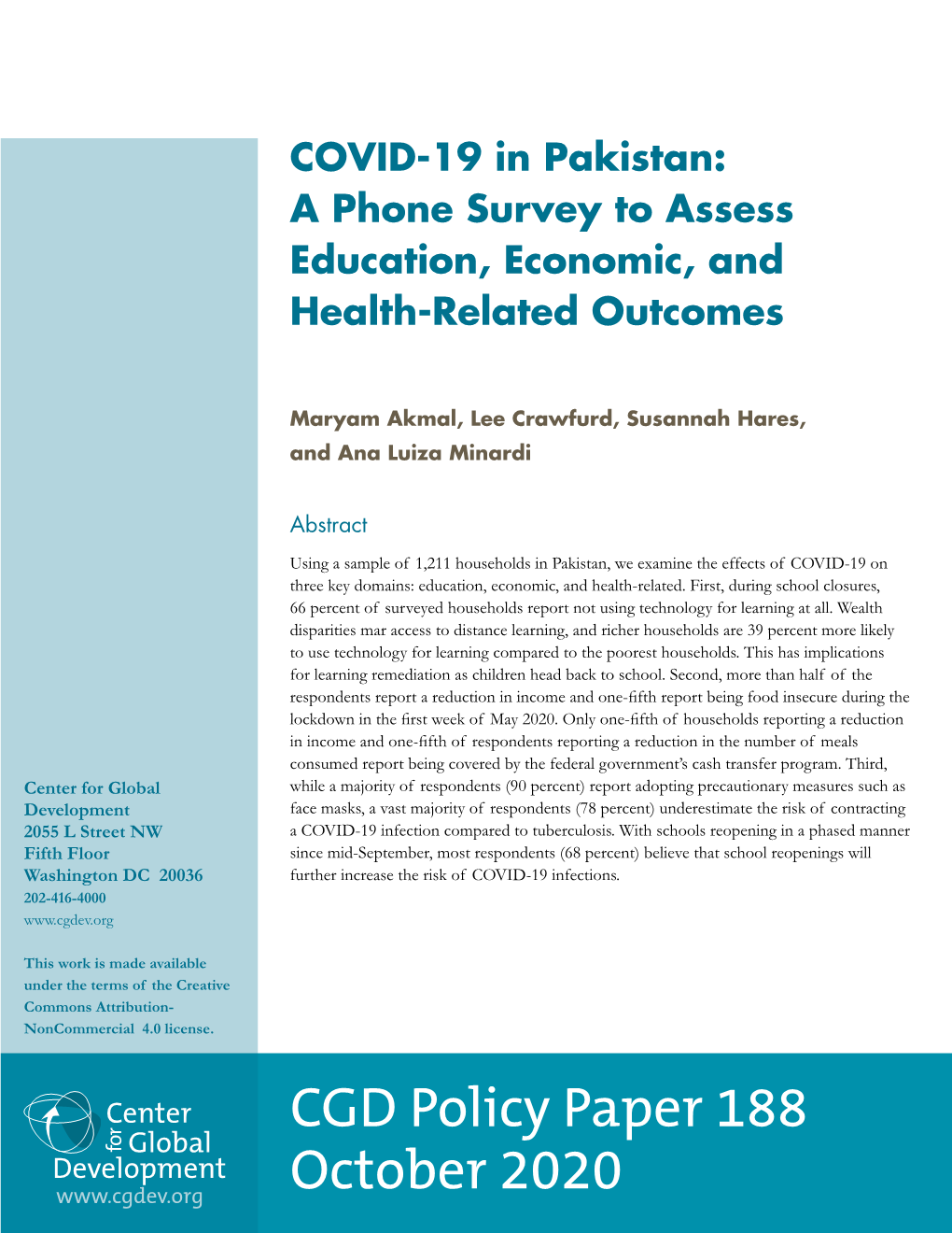 COVID-19 in Pakistan: a Phone Survey to Assess Education, Economic, and Health-Related Outcomes