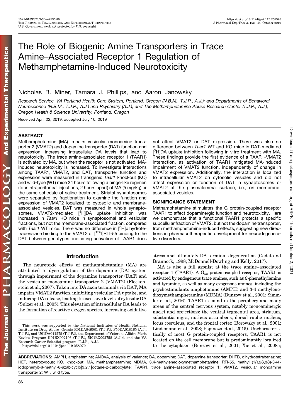 The Role of Biogenic Amine Transporters in Trace Amine–Associated Receptor 1 Regulation of Methamphetamine-Induced Neurotoxicity