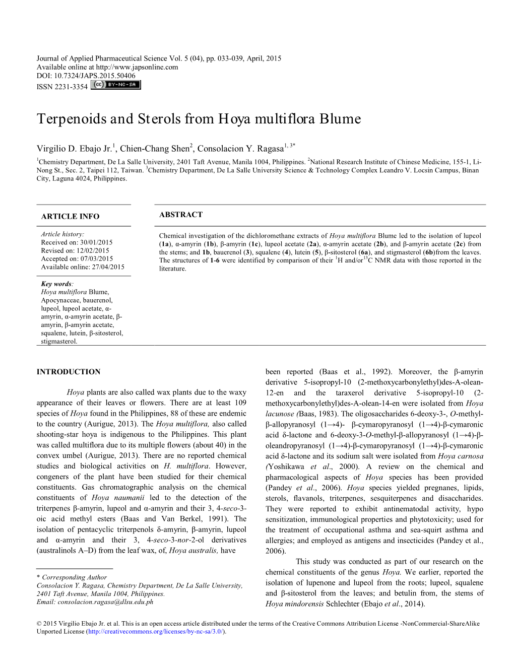 Terpenoids and Sterols from Hoya Multiflora Blume