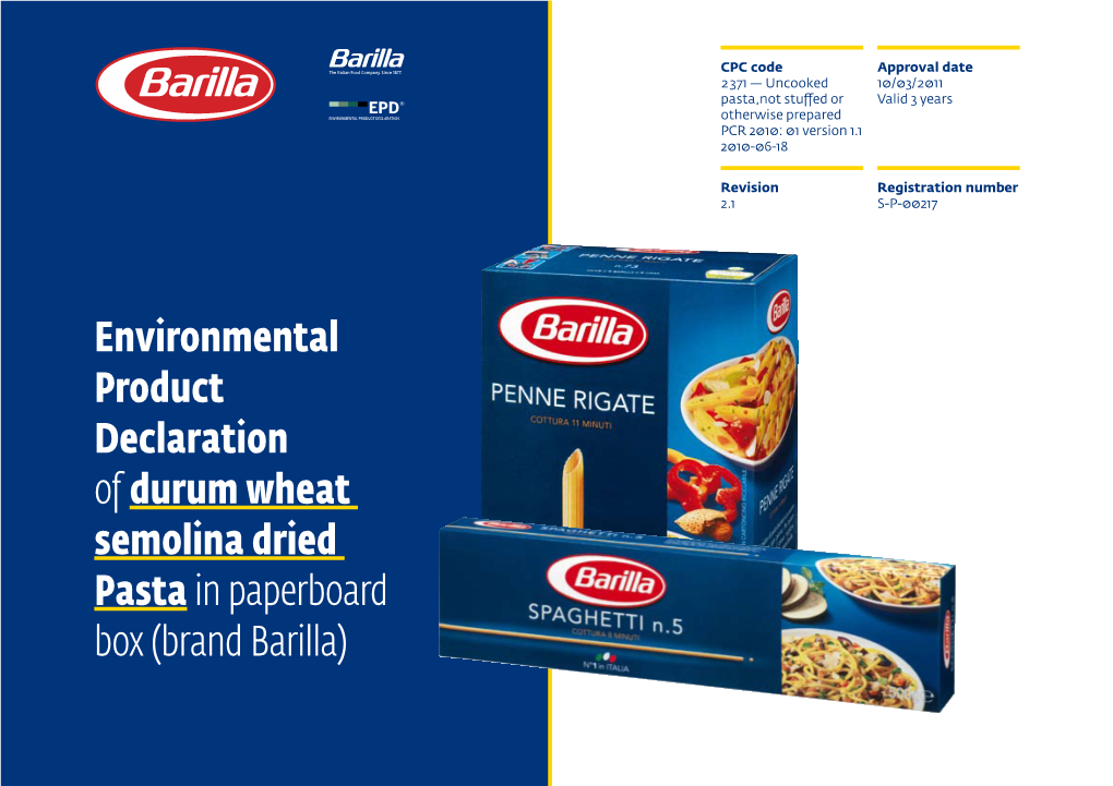 Environmental Product Declaration of Durum Wheat Semolina Dried Pastain Paperboard