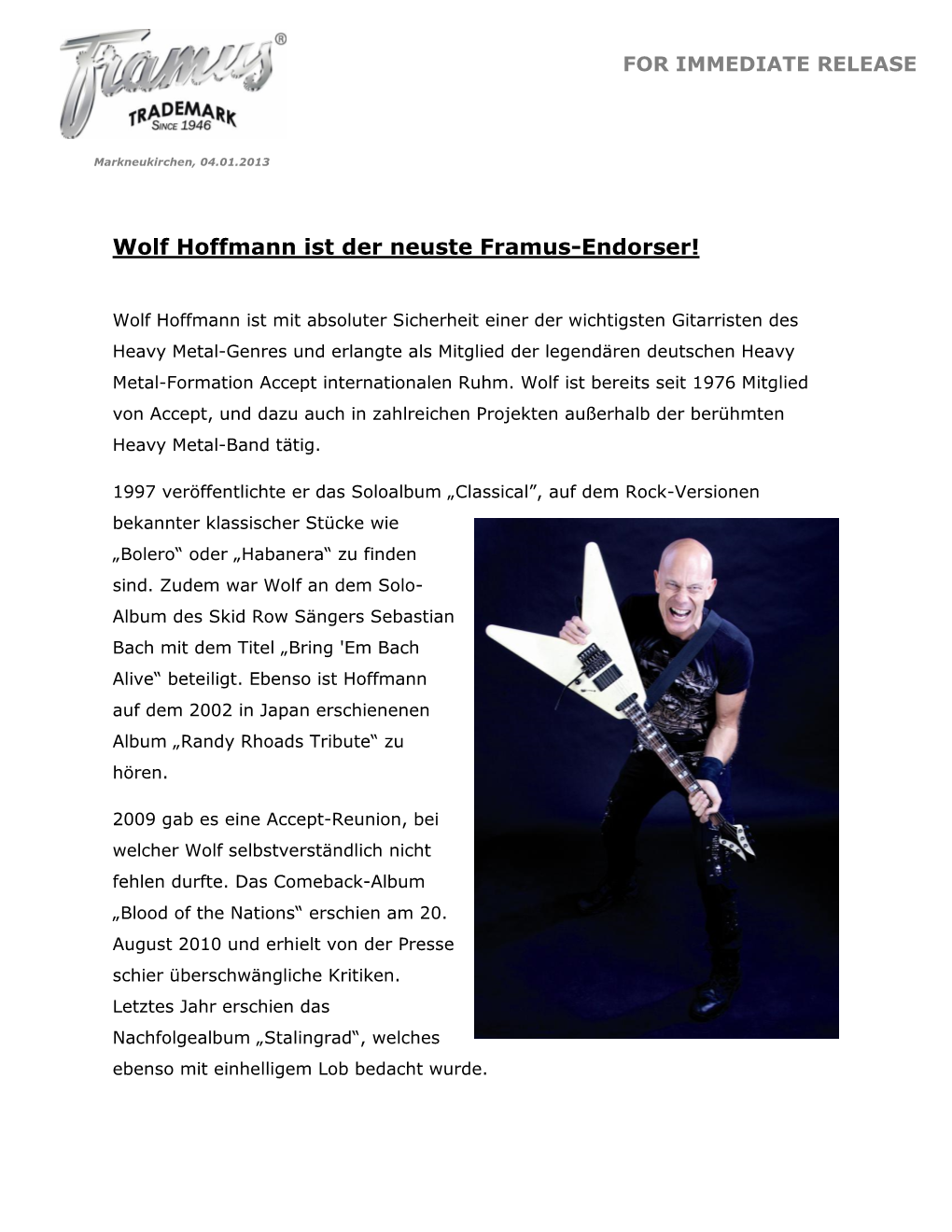 Wolf Hoffmann Ist Der Neuste Framus-Endorser!