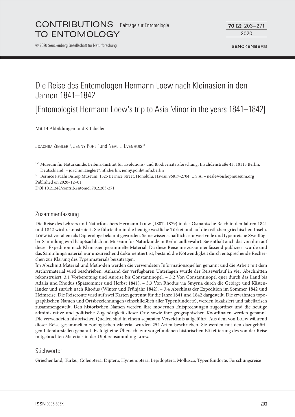 Die Reise Des Entomologen Hermann Loew Nach Kleinasien in Den Jahren 1841–1842 [Entomologist Hermann Loew’S Trip to Asia Minor in the Years 1841–1842]