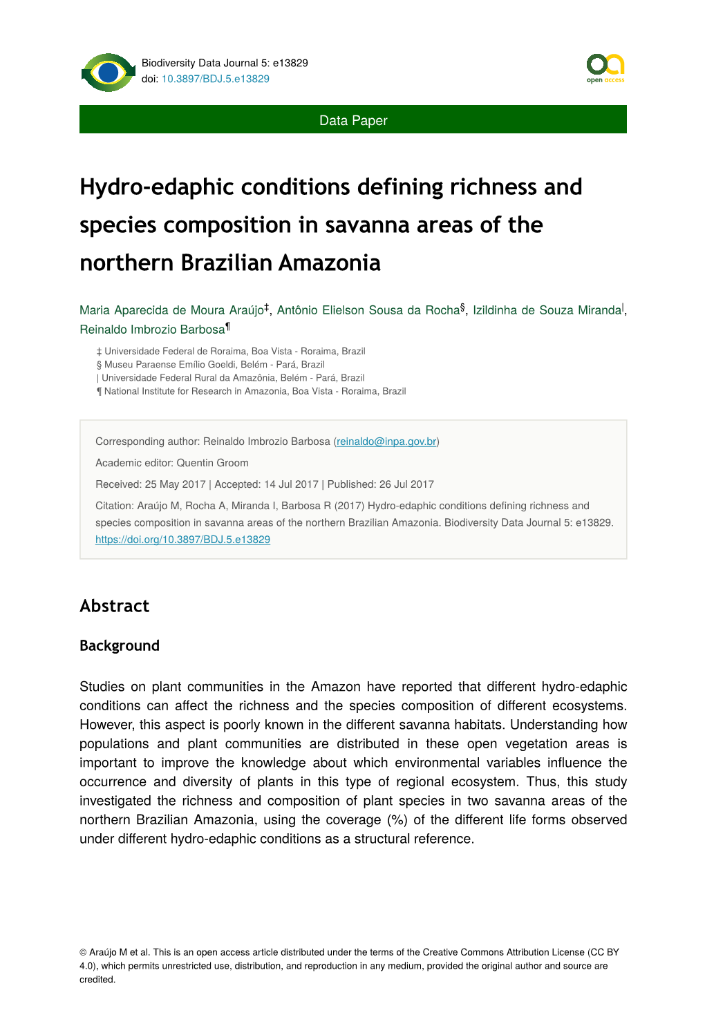 Hydro-Edaphic Conditions Defining Richness and Species Composition in Savanna Areas of the Northern Brazilian Amazonia