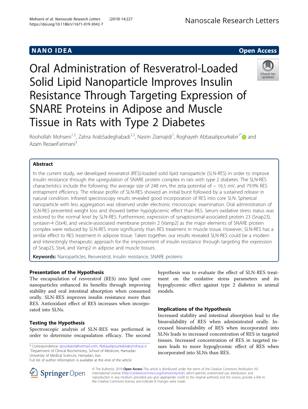 Oral Administration of Resveratrol-Loaded Solid Lipid