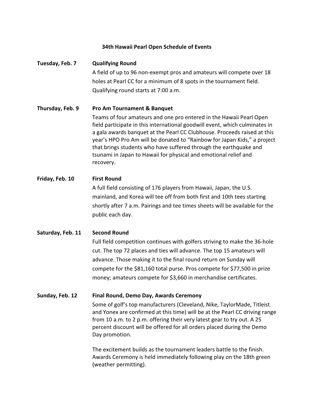 2012 HPO Schedule of Events