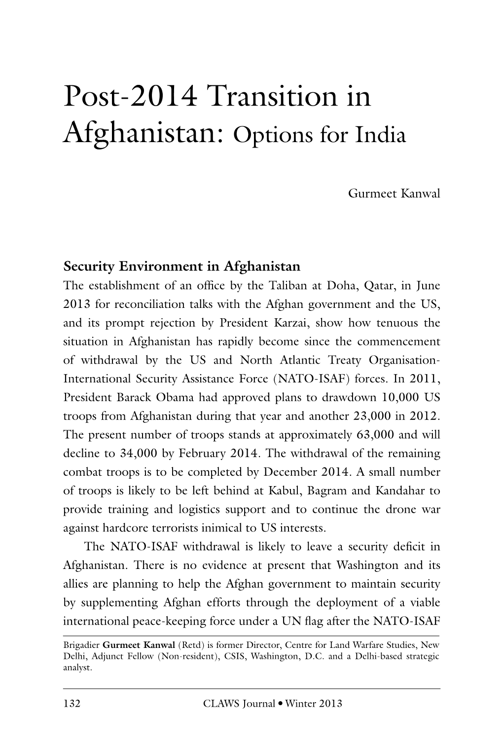 Post-2014 Transition in Afghanistan: Options for India