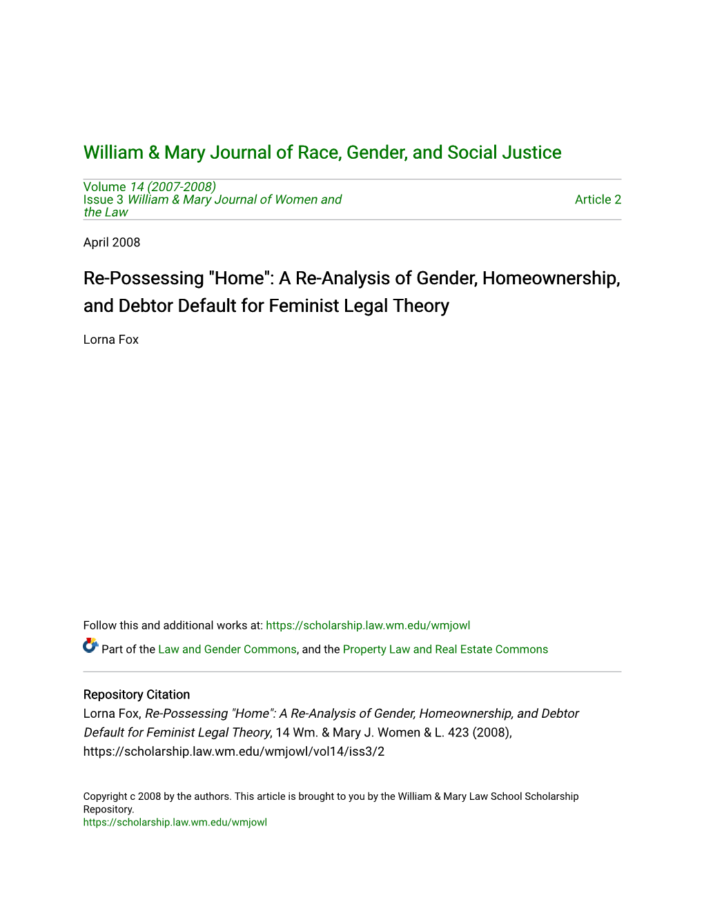 "Home": a Re-Analysis of Gender, Homeownership, and Debtor Default for Feminist Legal Theory