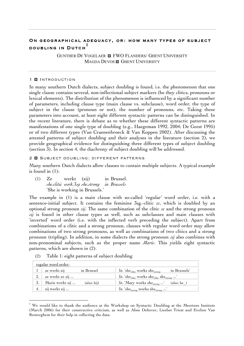 1 Introduction in Many Southern Dutch Dialects, Subject Doubling Is Found