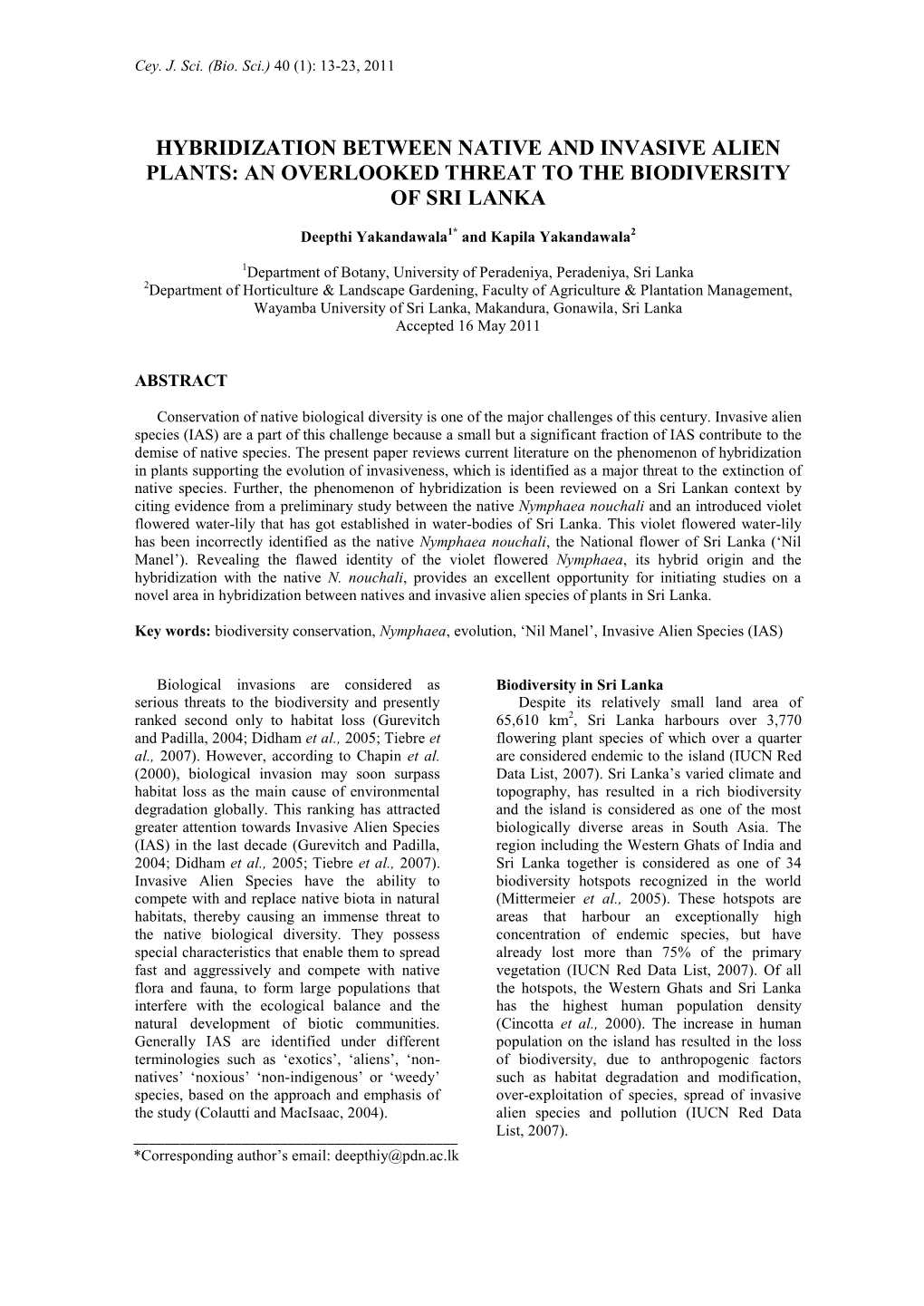 Hybridization Between Native and Invasive Alien Plants: an Overlooked Threat to the Biodiversity of Sri Lanka