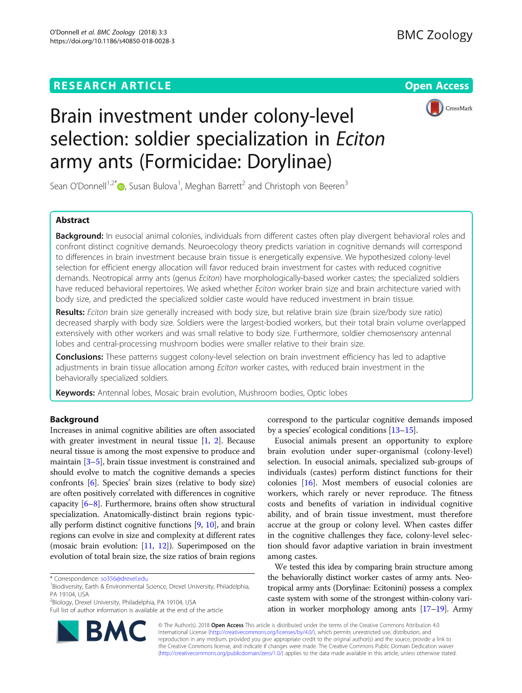 Soldier Specialization in Eciton Army Ants (Formicidae: Dorylinae) Sean O’Donnell1,2* , Susan Bulova1, Meghan Barrett2 and Christoph Von Beeren3