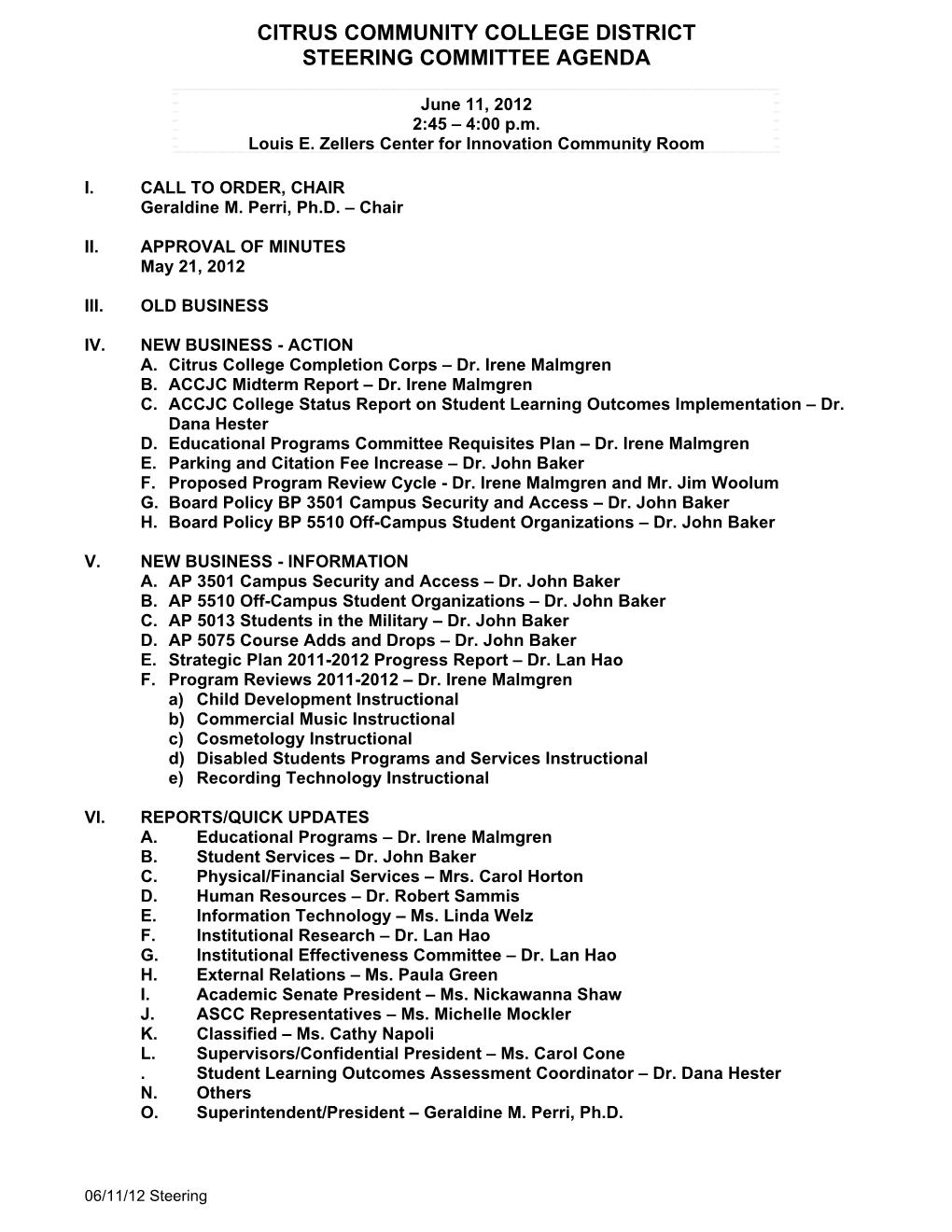 Citrus Community College District Steering Committee Agenda