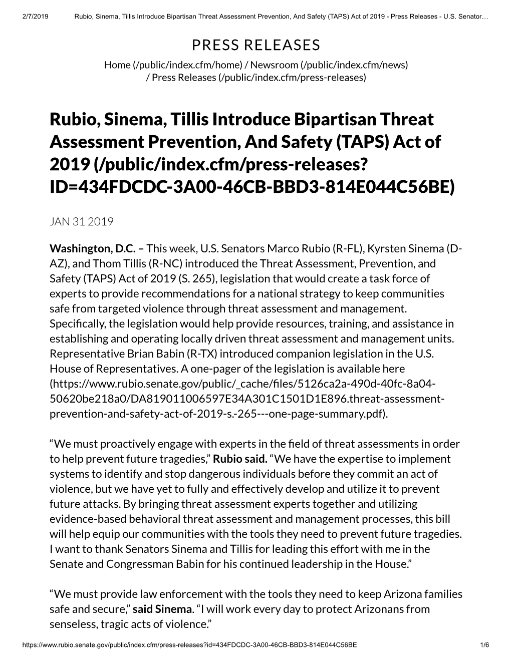 Rubio, Sinema, Tillis Introduce Bipartisan Threat Assessment Prevention, and Safety (TAPS) Act of 2019 - Press Releases - U.S