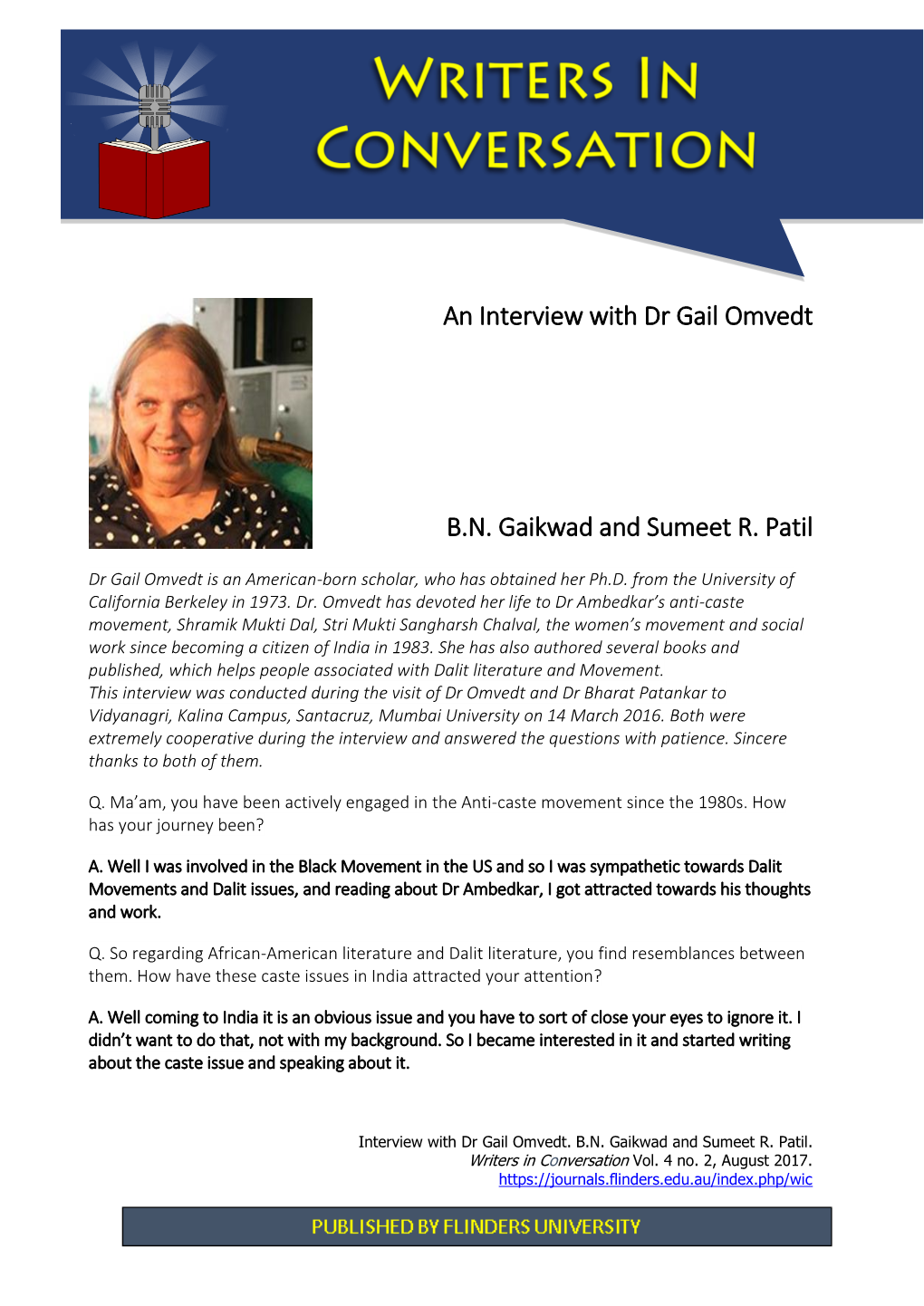 An Interview with Dr Gail Omvedt B.N. Gaikwad and Sumeet R. Patil