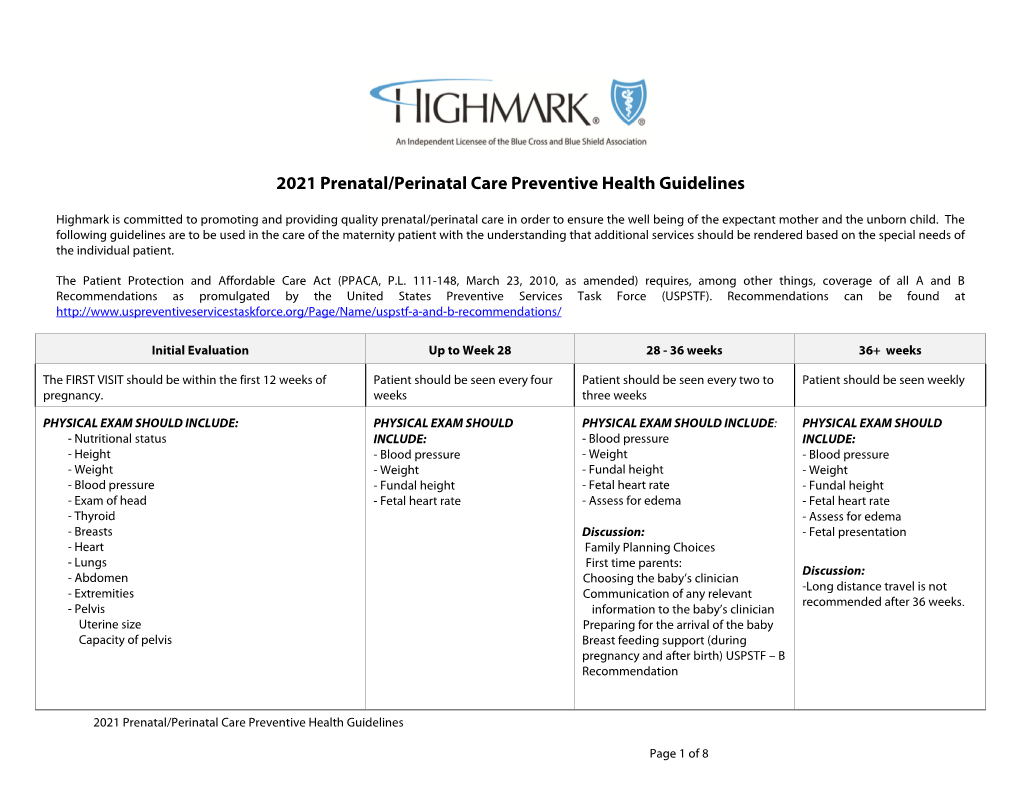 2021 Prenatal/Perinatal Care Preventive Health Guidelines