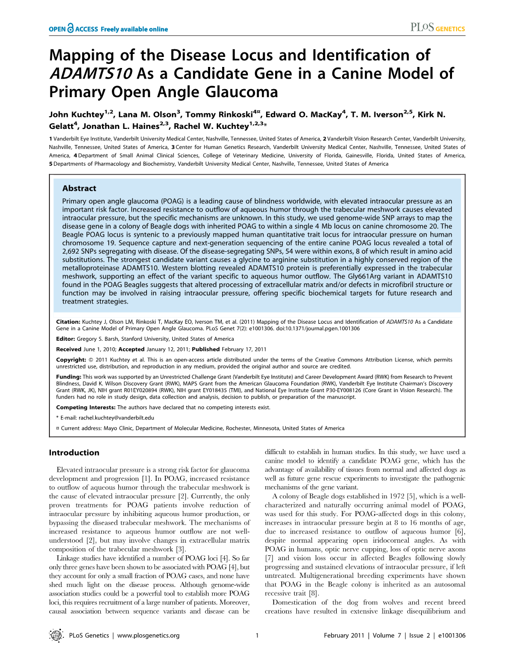 ADAMTS10 As a Candidate Gene in a Canine Model of Primary Open Angle Glaucoma