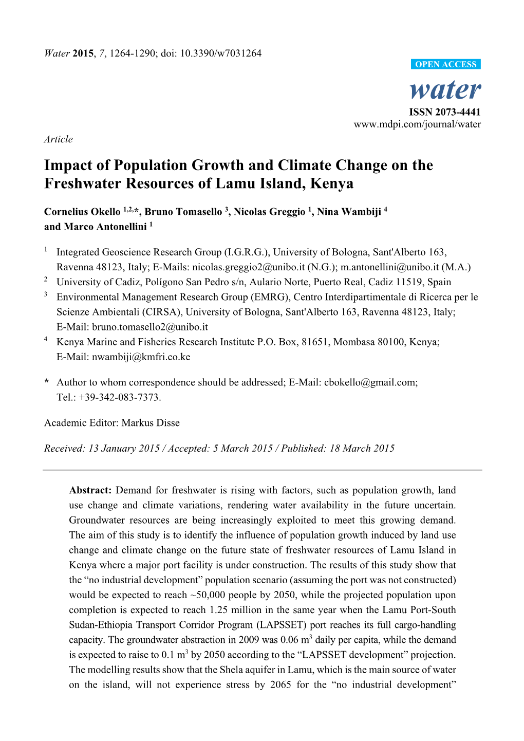 Impact of Population Growth and Climate Change on the Freshwater Resources of Lamu Island, Kenya
