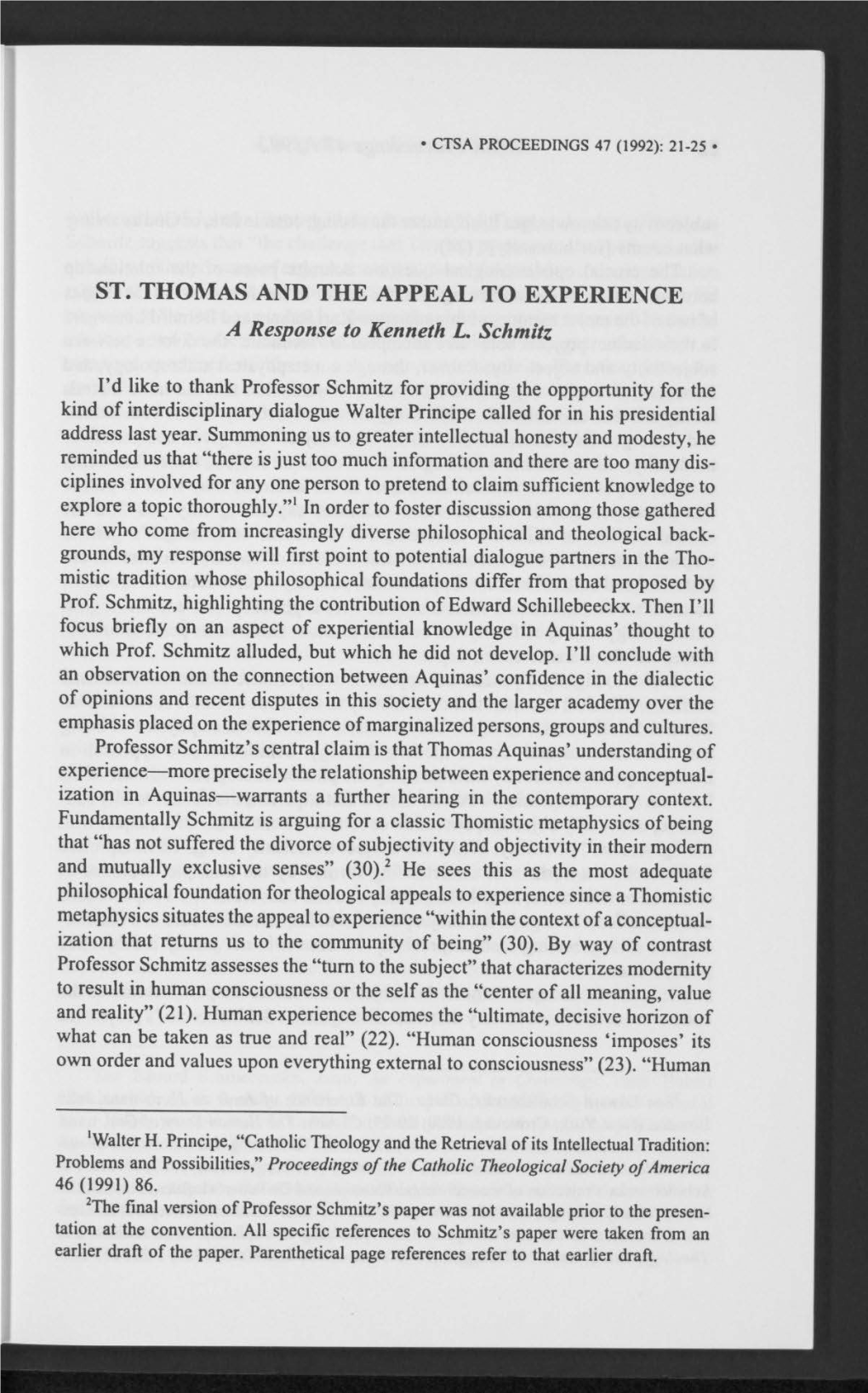 ST. THOMAS and the APPEAL to EXPERIENCE a Response to Kenneth L