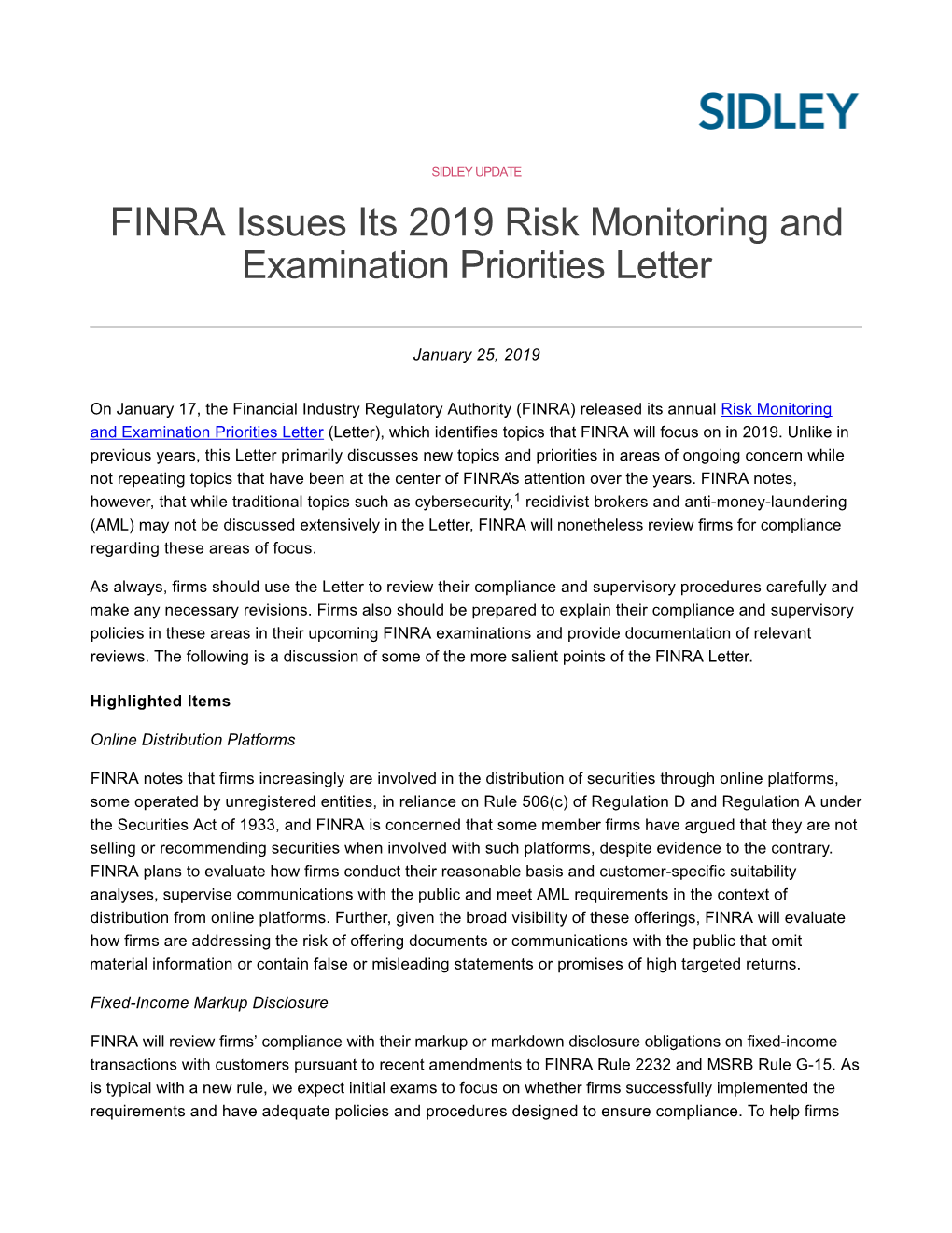 FINRA Issues Its 2019 Risk Monitoring and Examination Priorities Letter