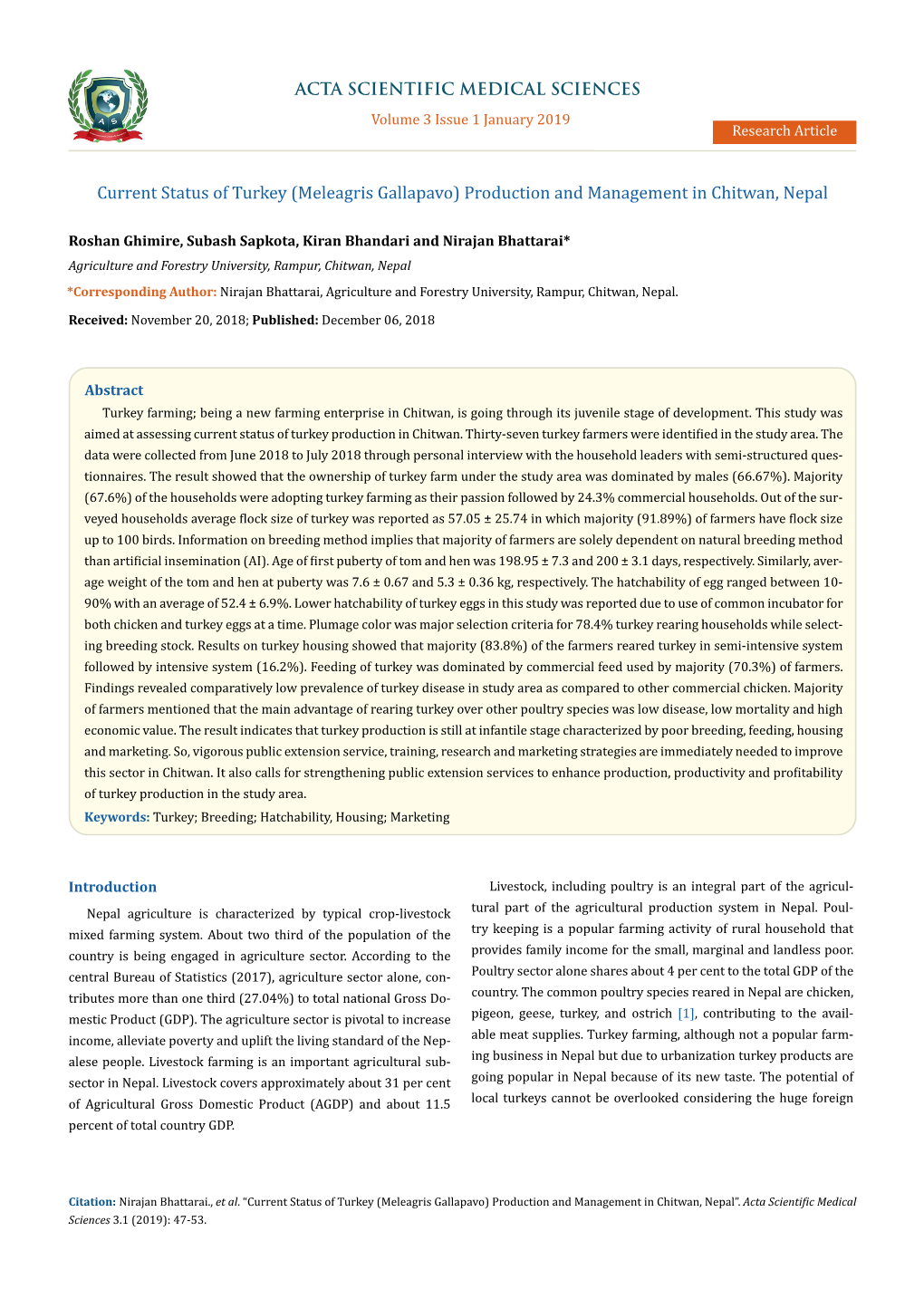 Current Status of Turkey (Meleagris Gallapavo) Production and Management in Chitwan, Nepal