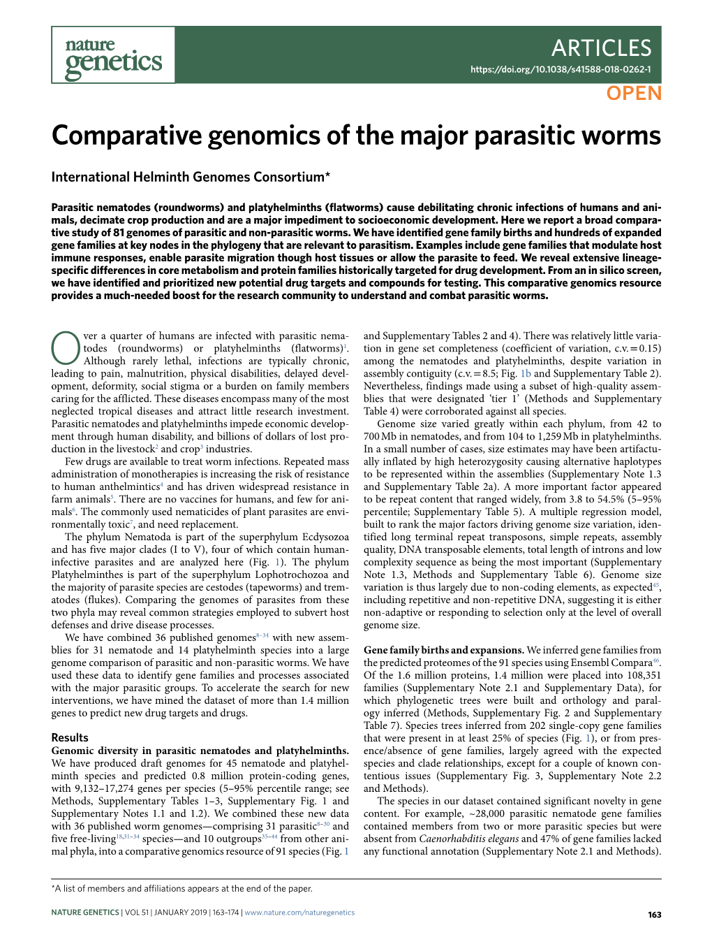 Comparative Genomics of the Major Parasitic Worms