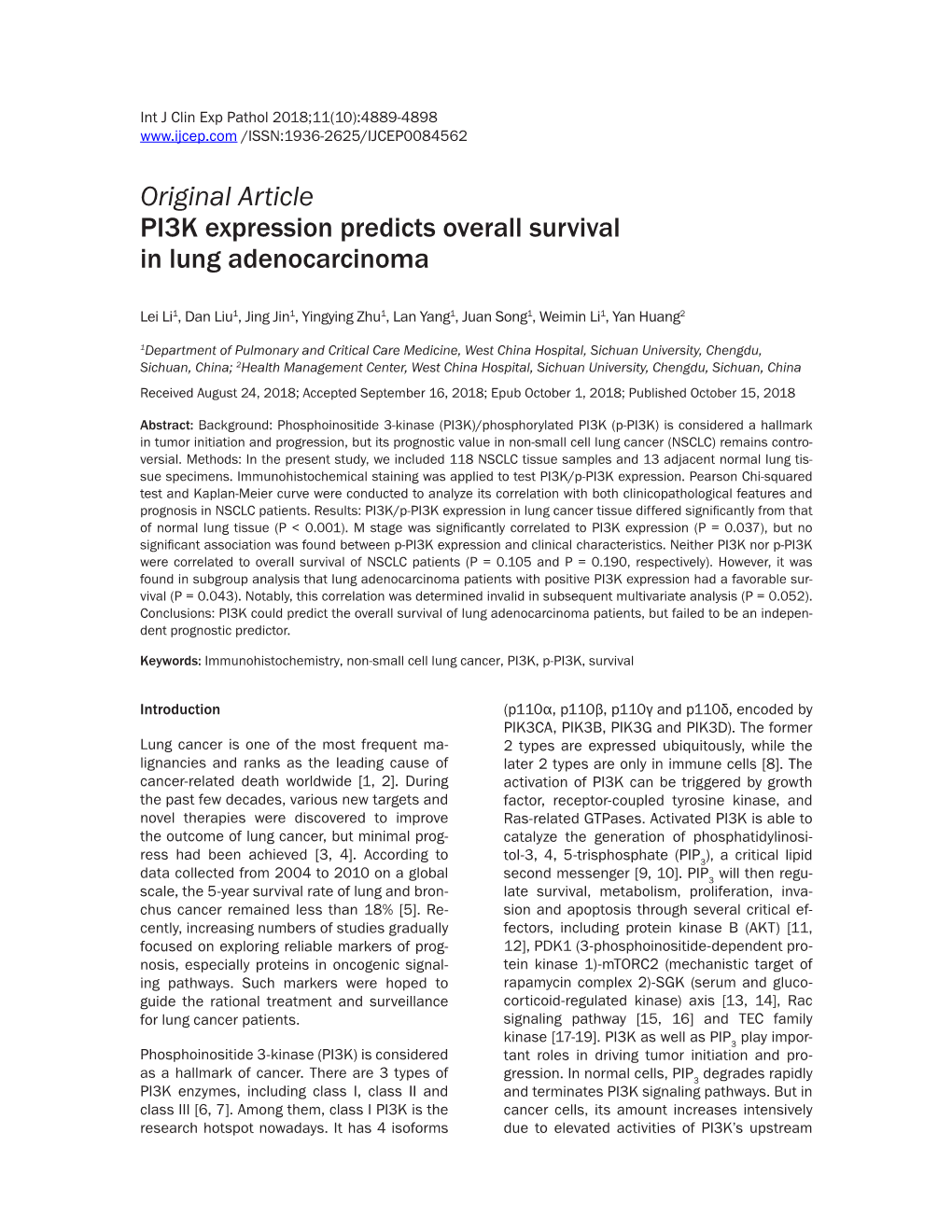 Original Article PI3K Expression Predicts Overall Survival in Lung Adenocarcinoma