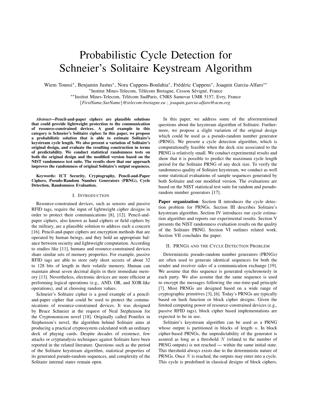 Probabilistic Cycle Detection for Schneie's Solitaire Keystream Algorithm