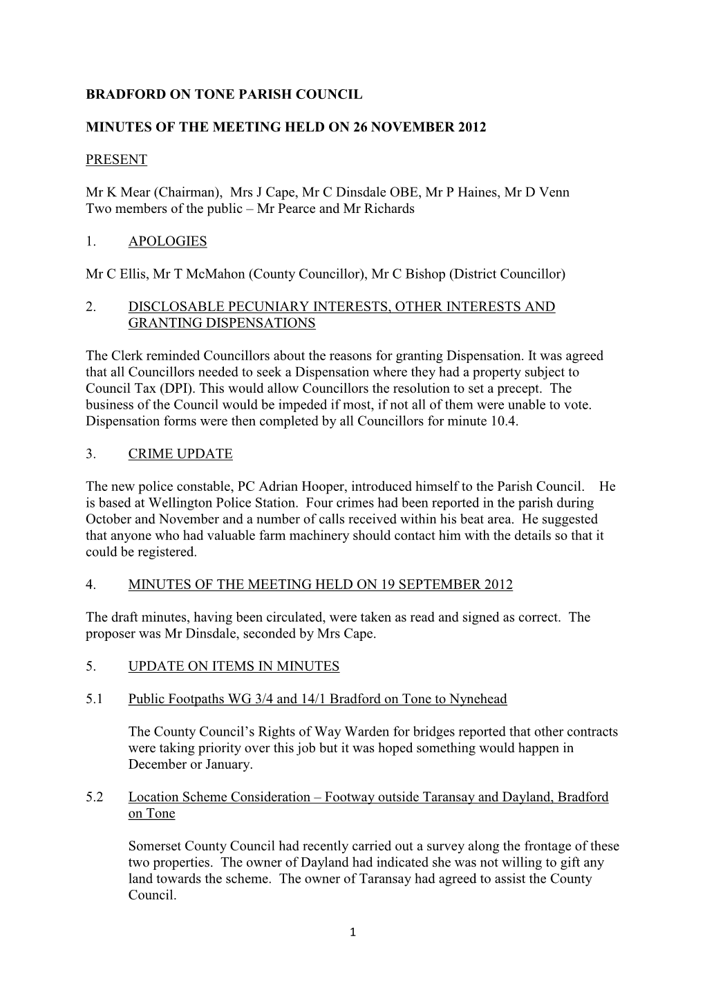 Bradford on Tone Parish Council Minutes of The